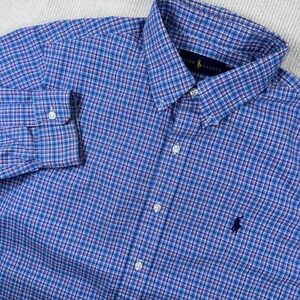 Ralph Lauren Button Down Mens Med Purple Blue Plaid Excellent Cotton Pony Logo